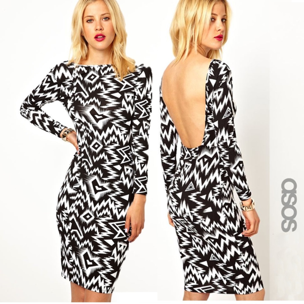 Exclusive Bodycon Mono Print W/ Square Back Dress